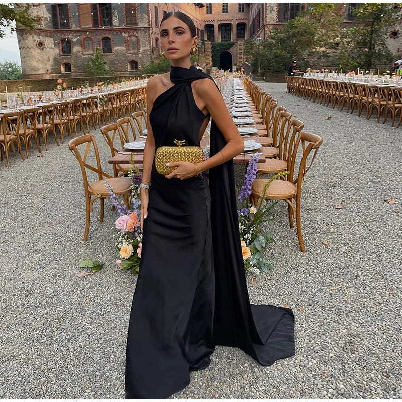 Women's Yellow Satin Halter Neck Draped Cape Bodycon Maxi Dress – Elegant Formal Evening Gown Wedding Guest Red Carpet Dress