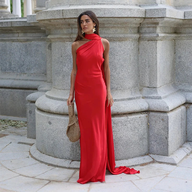 Women's Yellow Satin Halter Neck Draped Cape Bodycon Maxi Dress – Elegant Formal Evening Gown Wedding Guest Red Carpet Dress