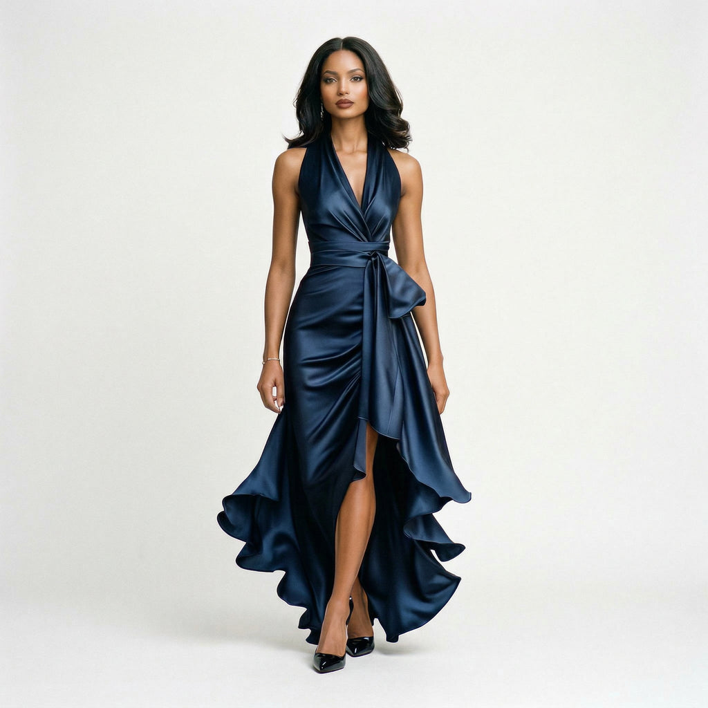 Satin Halter Gown with Ruffle Hem for Formal Weddings and Events