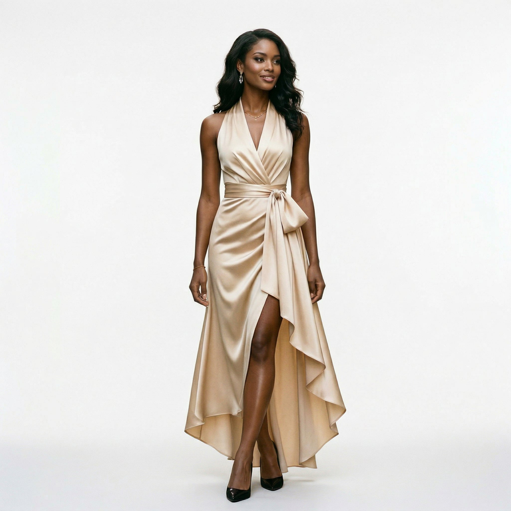 Satin Halter Gown with Ruffle Hem for Formal Weddings and Events