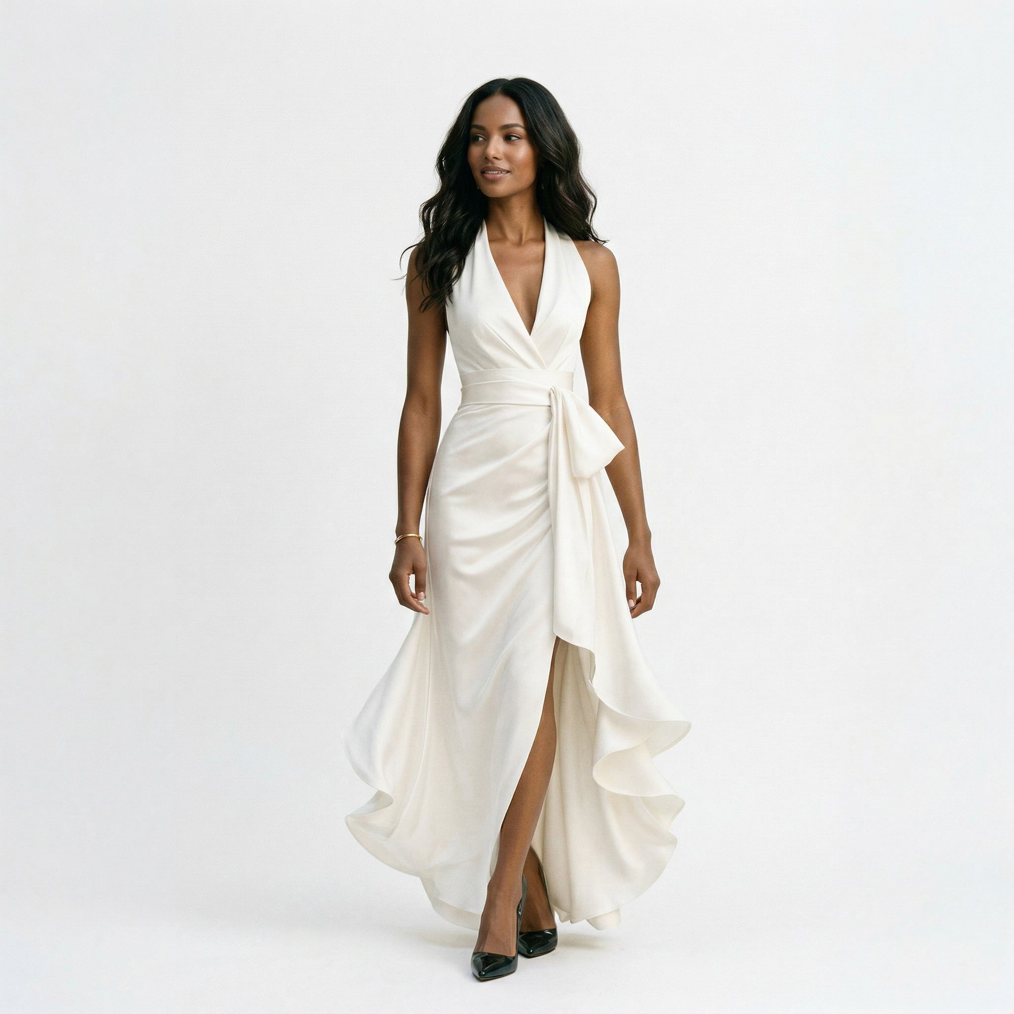 Satin Halter Gown with Ruffle Hem for Formal Weddings and Events