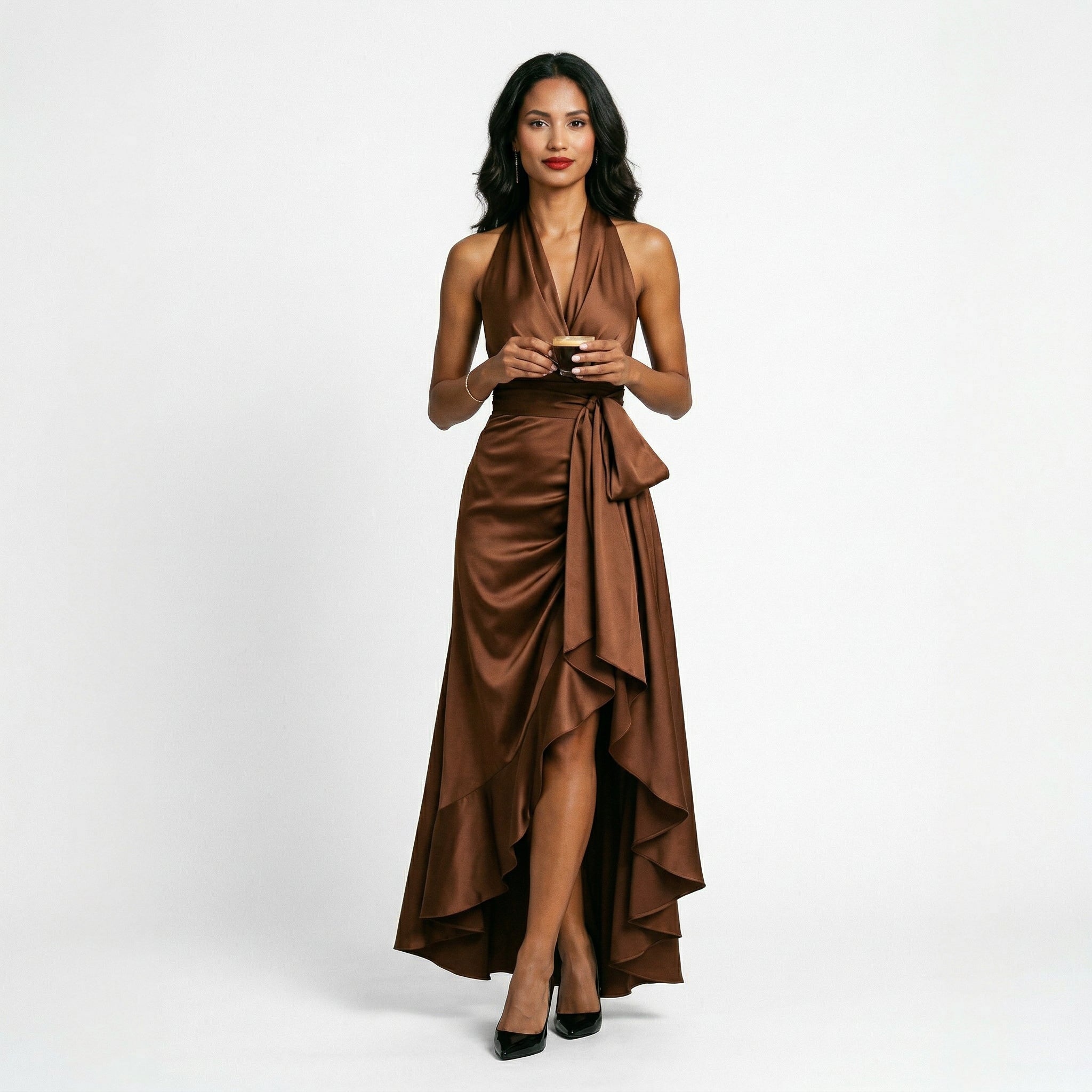 Satin Halter Gown with Ruffle Hem for Formal Weddings and Events