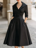 Elegant Satin Midi Dress with Long Sleeves & Draped Collar | Vintage-Inspired Design for Timeless Style