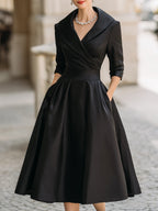 Elegant Satin Midi Dress with Long Sleeves & Draped Collar | Vintage-Inspired Design for Timeless Style
