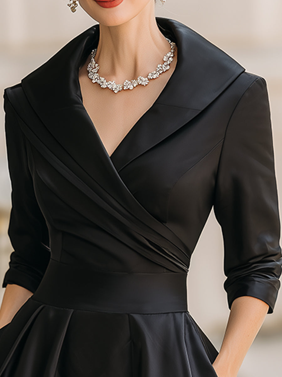 Elegant Satin Midi Dress with Long Sleeves & Draped Collar | Vintage-Inspired Design for Timeless Style