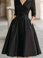 Elegant Satin Midi Dress with Long Sleeves & Draped Collar | Vintage-Inspired Design for Timeless Style