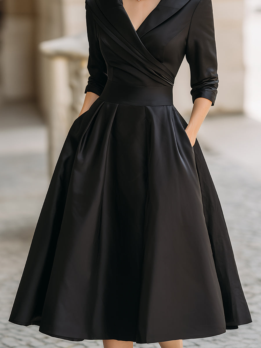 Elegant Satin Midi Dress with Long Sleeves & Draped Collar | Vintage-Inspired Design for Timeless Style