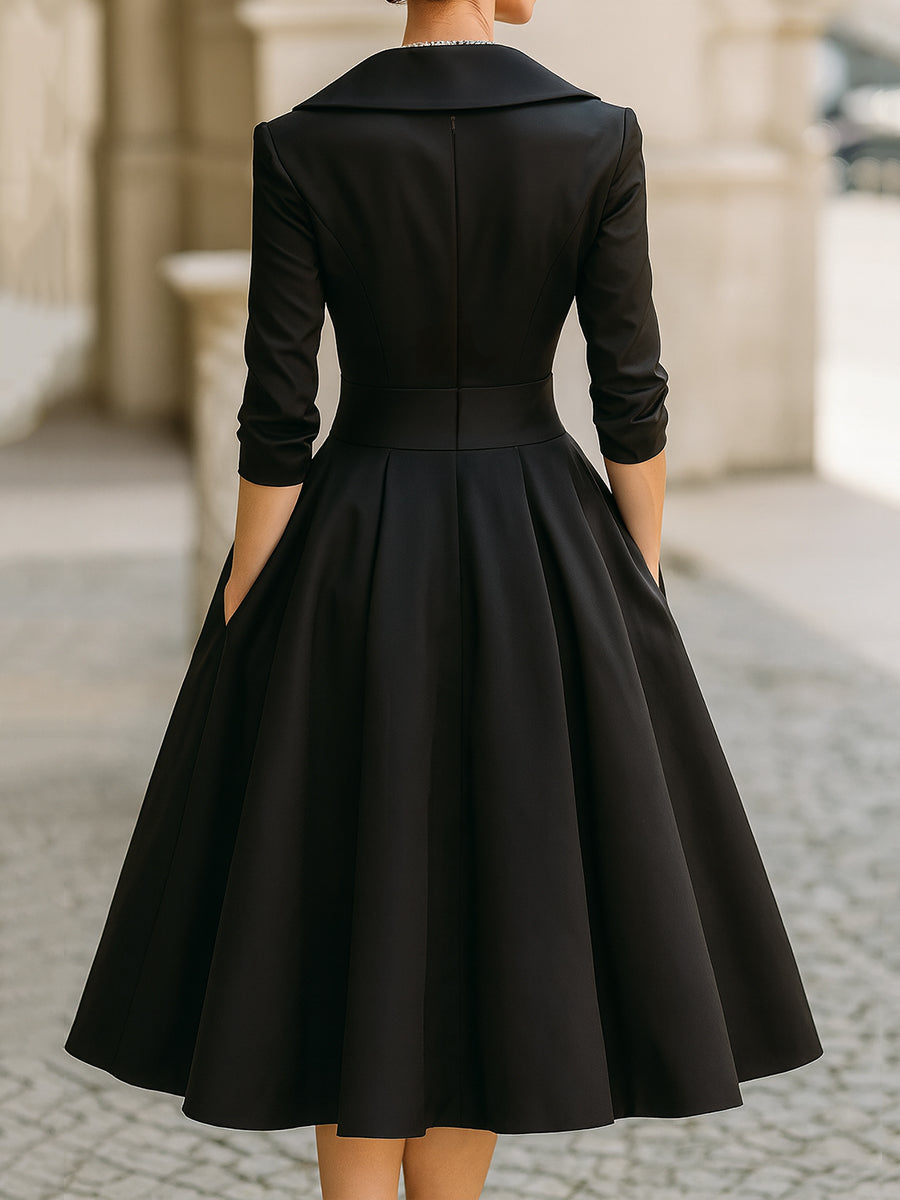 Elegant Satin Midi Dress with Long Sleeves & Draped Collar | Vintage-Inspired Design for Timeless Style