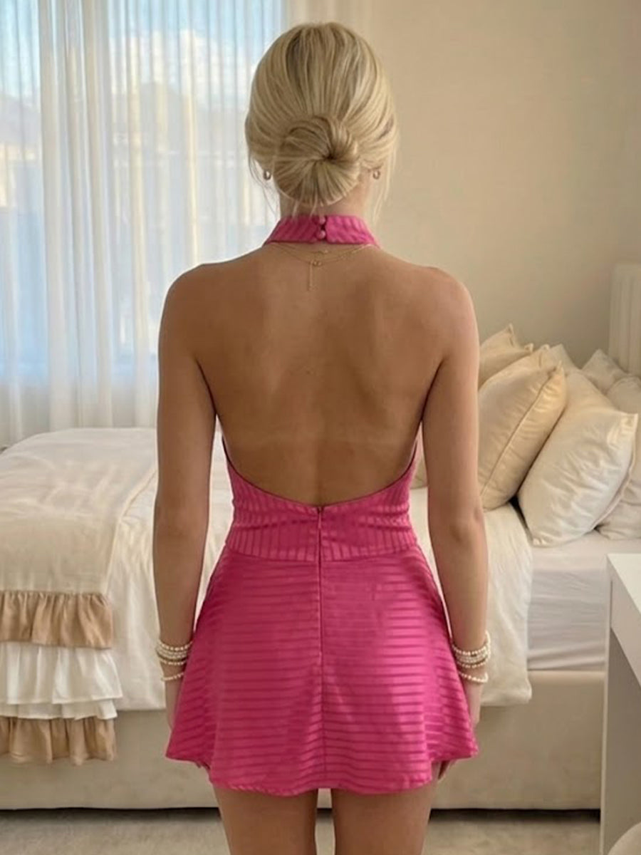Elegant Satin A-Line Cocktail Dress with Halter Neckline for Women