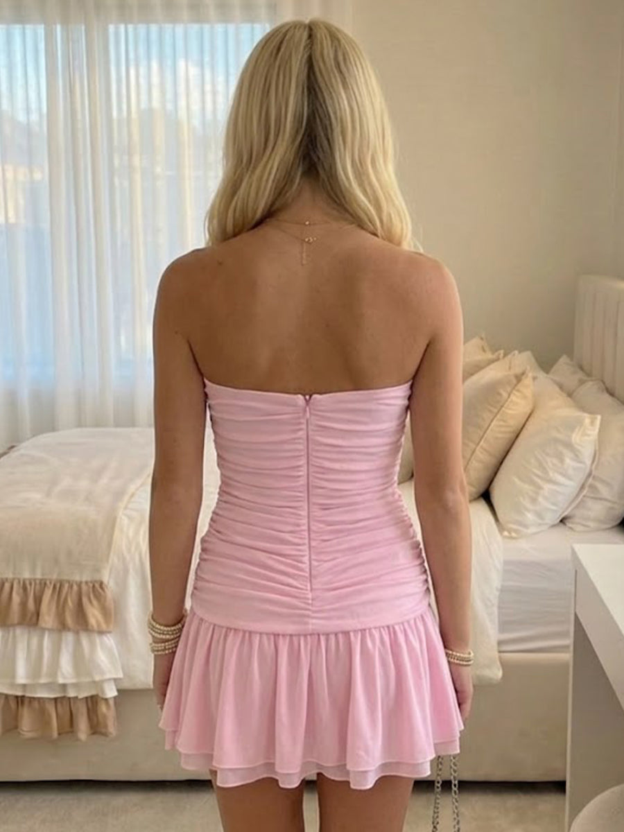 Strapless Tulle A-Line Homecoming Dress with Pleated Design