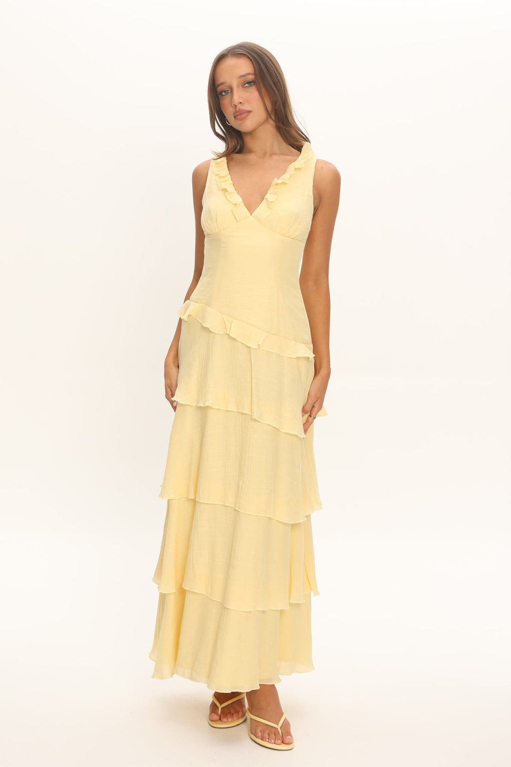 Elegant V-Neck Maxi Dress with Frill Trim Detail | Floral Long Dress for Women
