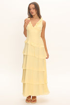 Elegant V-Neck Maxi Dress with Frill Trim Detail | Floral Long Dress for Women