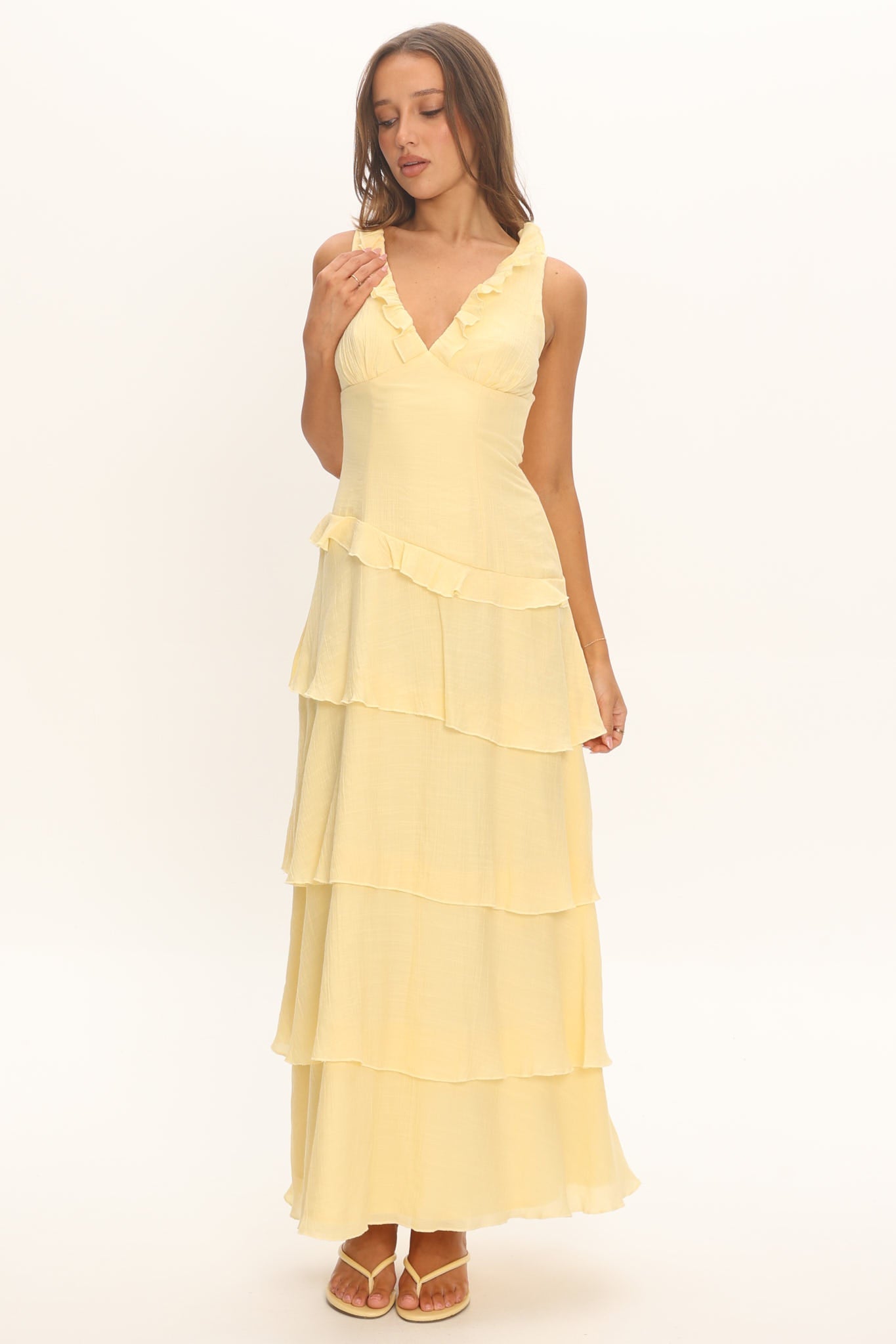 Elegant V-Neck Maxi Dress with Frill Trim Detail | Floral Long Dress for Women