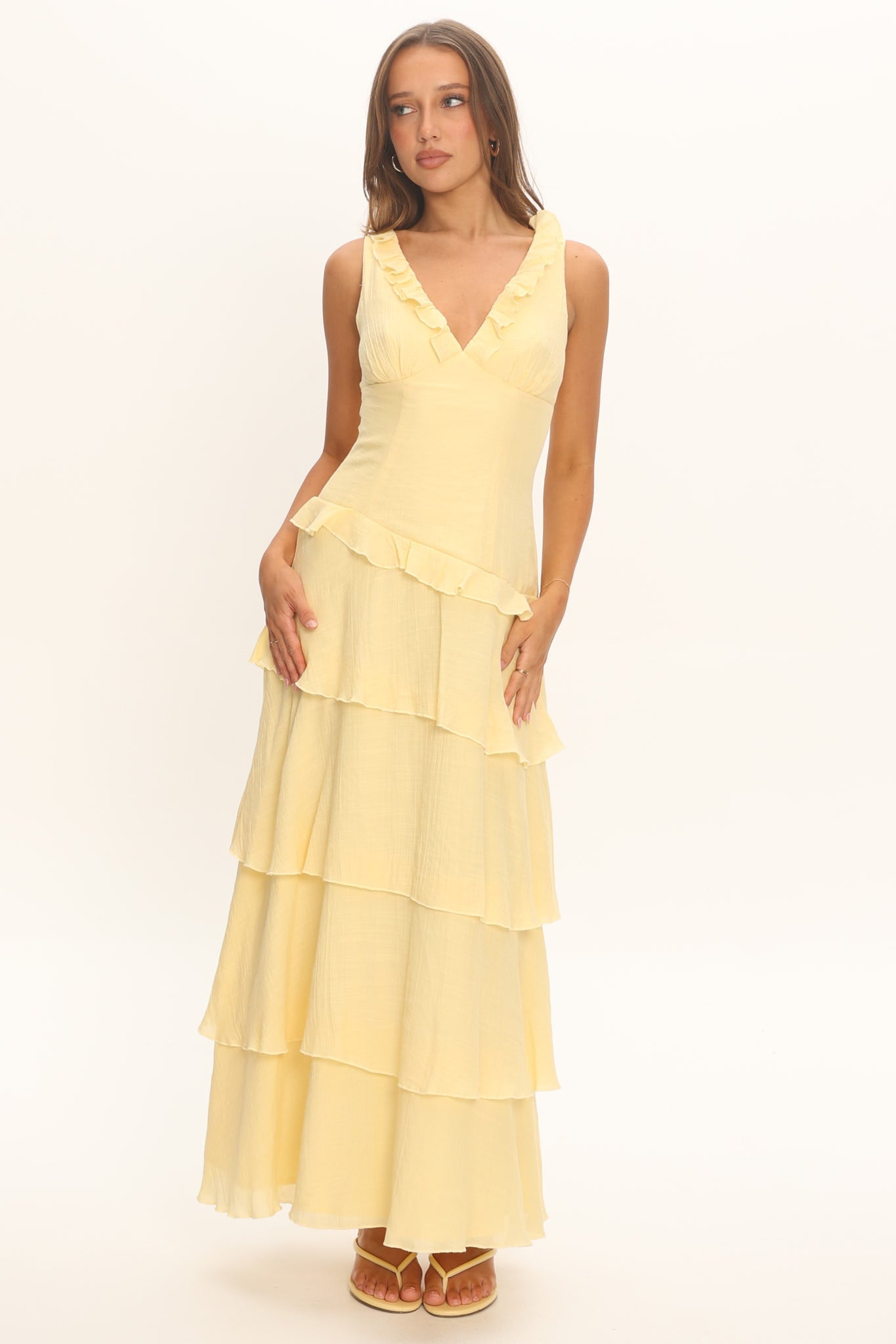 Elegant V-Neck Maxi Dress with Frill Trim Detail | Floral Long Dress for Women
