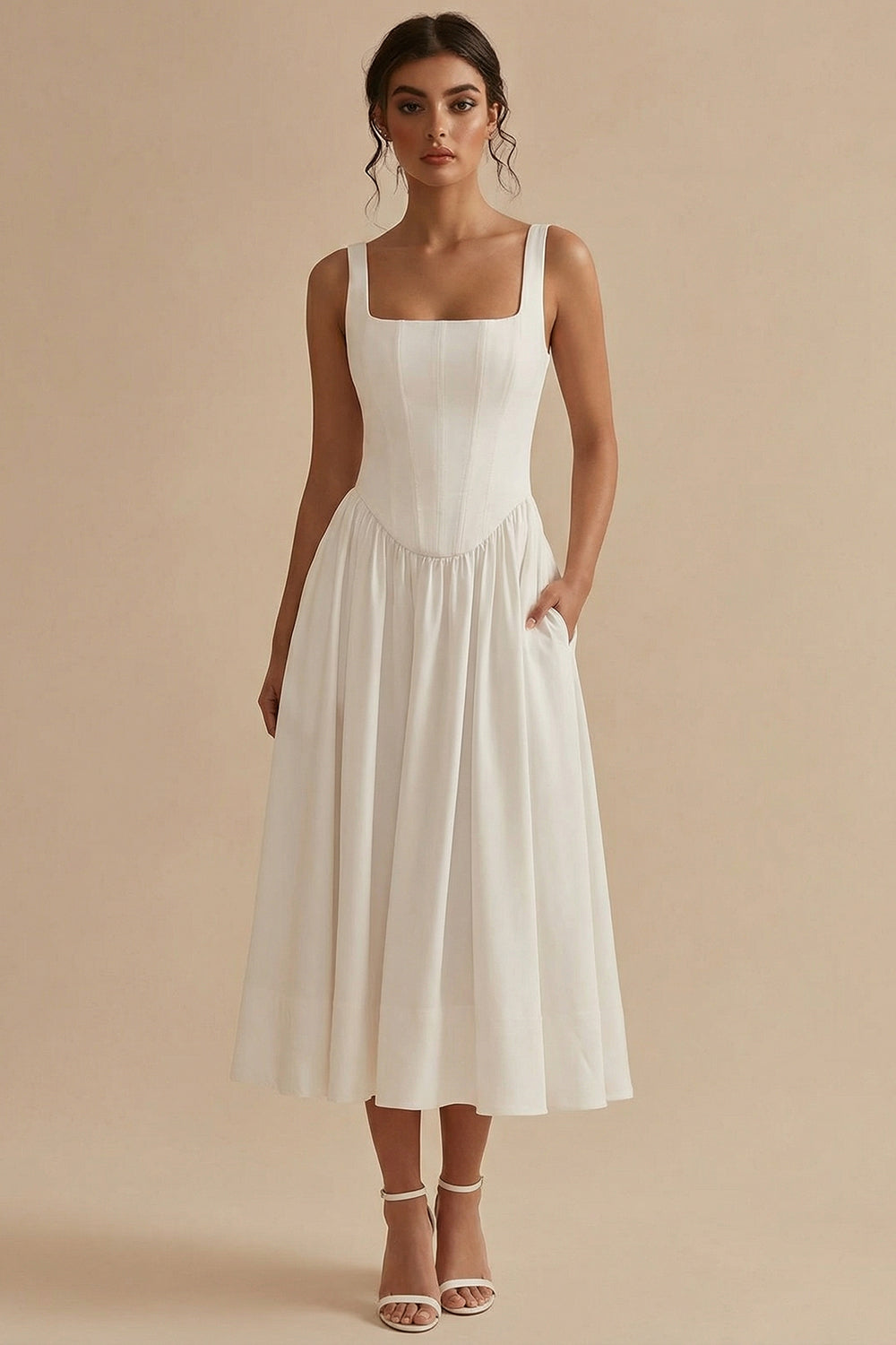 Elegant White Dress | A-Line Midi Design with Corset for Timeless Style