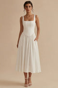 Elegant White Dress | A-Line Midi Design with Corset for Timeless Style