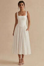 Elegant White Dress | A-Line Midi Design with Corset for Timeless Style