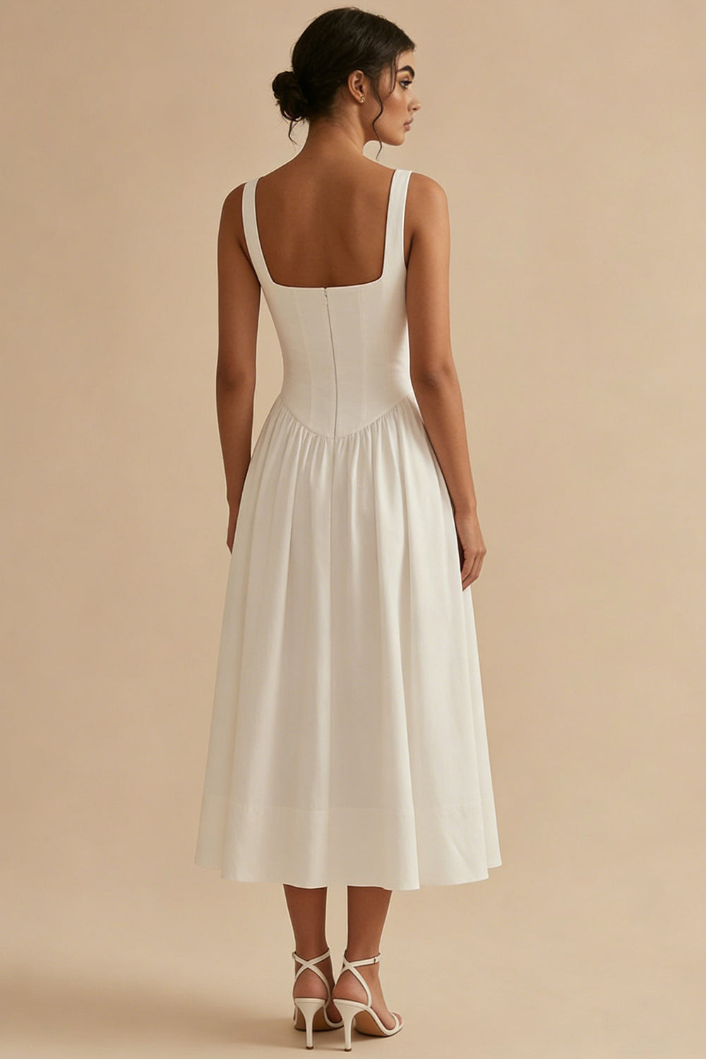 Elegant White Dress | A-Line Midi Design with Corset for Timeless Style
