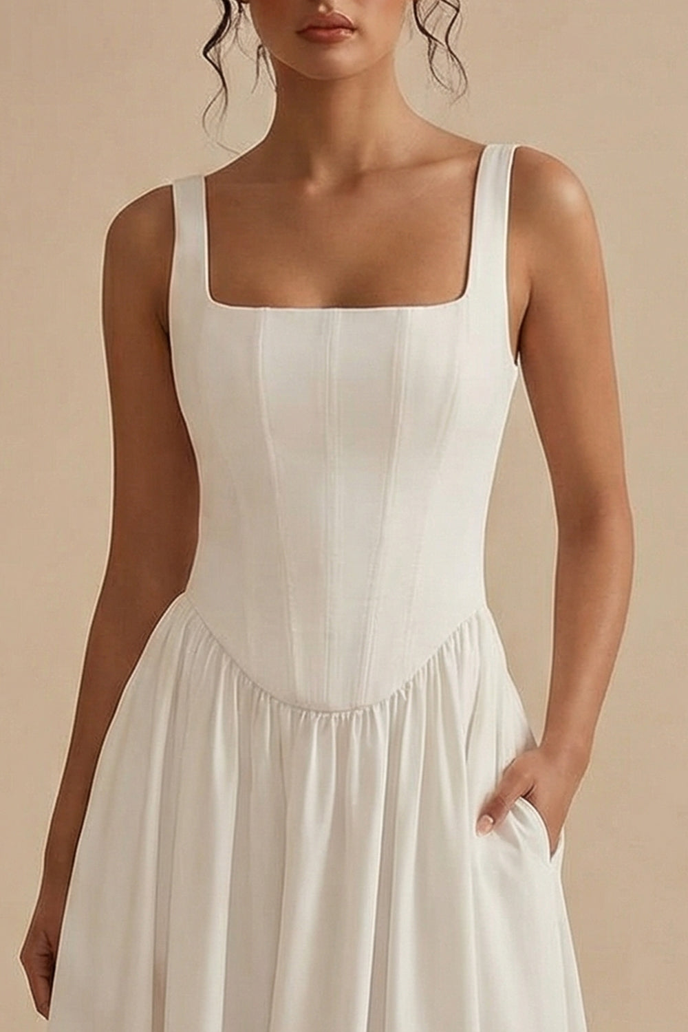 Elegant White Dress | A-Line Midi Design with Corset for Timeless Style