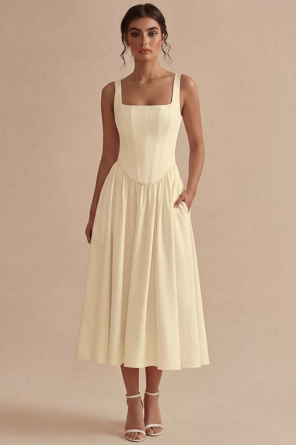 White corset midi dress neckline and waist detail