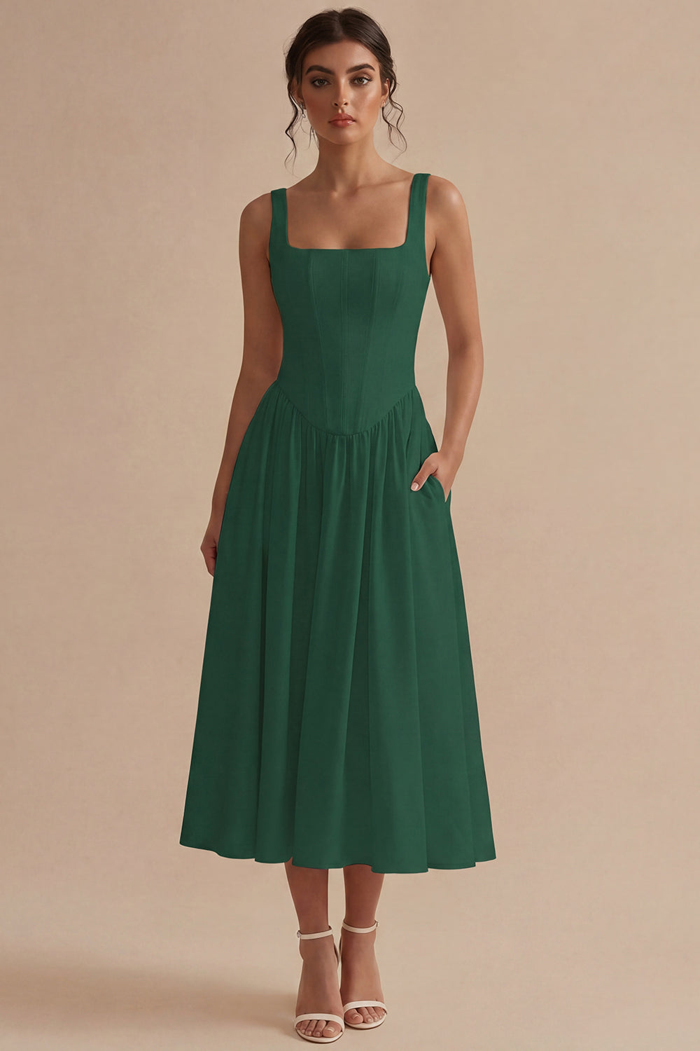 Womens white midi dress shown with heels