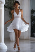 Elegant White Dress | Women's A-Line Chiffon Graduation Dress with Halter Neckline | Timeless Style for Celebrating Achievements
