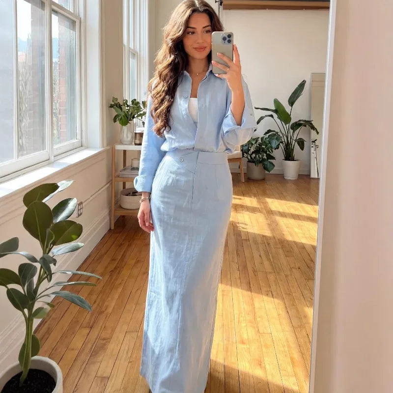 Side view of linen shirt and maxi skirt matching outfit for women