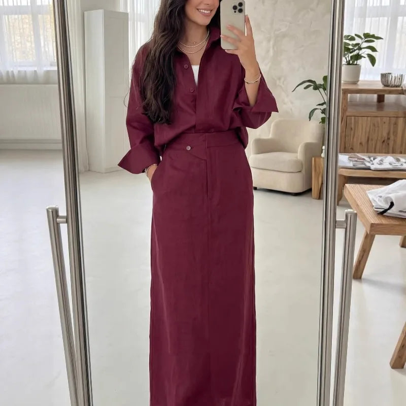 Women’s Linen Two-Piece Shirt and Maxi Skirt Set