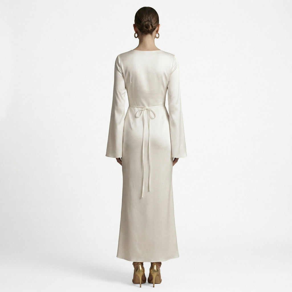Women's Long Sleeve Maxi Dress with Adjustable Tie Waist for Elegant Fit