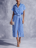 Elegant Wrap Midi Dress with Short Sleeves | Blue & White Striped Cotton Linen for Chic Comfort