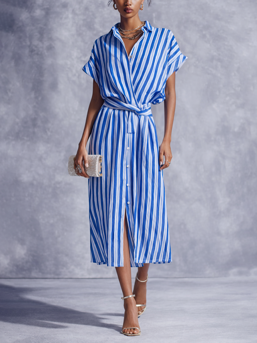 Elegant Wrap Midi Dress with Short Sleeves | Blue & White Striped Cotton Linen for Chic Comfort