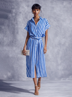 Elegant Wrap Midi Dress with Short Sleeves | Blue & White Striped Cotton Linen for Chic Comfort