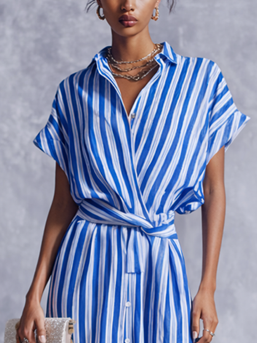 Elegant Wrap Midi Dress with Short Sleeves | Blue & White Striped Cotton Linen for Chic Comfort