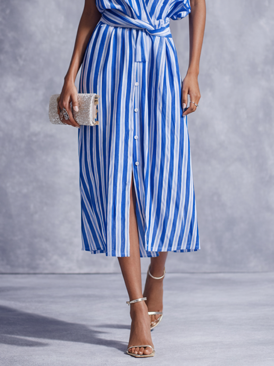 Elegant Wrap Midi Dress with Short Sleeves | Blue & White Striped Cotton Linen for Chic Comfort