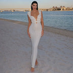 Deep V-Neck Ruffled Backless Knitted Maxi Dress