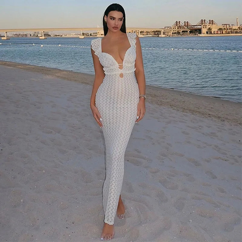 Deep V-Neck Ruffled Backless Knitted Maxi Dress
