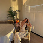 Deep V-Neck Ruffled Backless Knitted Maxi Dress