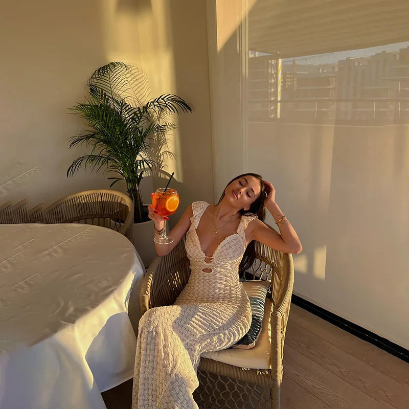 Deep V-Neck Ruffled Backless Knitted Maxi Dress