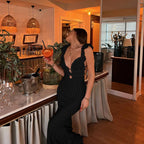 Deep V-Neck Ruffled Backless Knitted Maxi Dress
