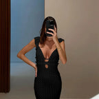 Deep V-Neck Ruffled Backless Knitted Maxi Dress