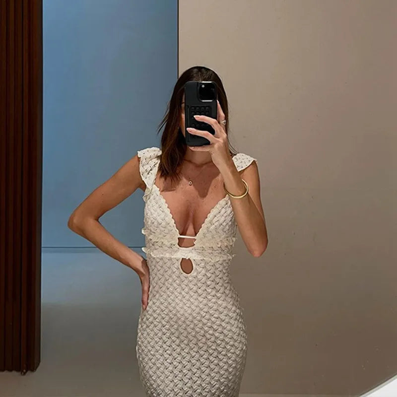 Deep V-Neck Ruffled Backless Knitted Maxi Dress