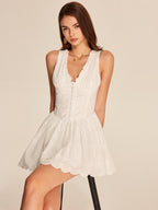 Women’s Embroidered Cotton Mini Dress – Sleeveless V-Neck Slim Fit Elegant Dress