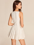 Women’s Embroidered Cotton Mini Dress – Sleeveless V-Neck Slim Fit Elegant Dress