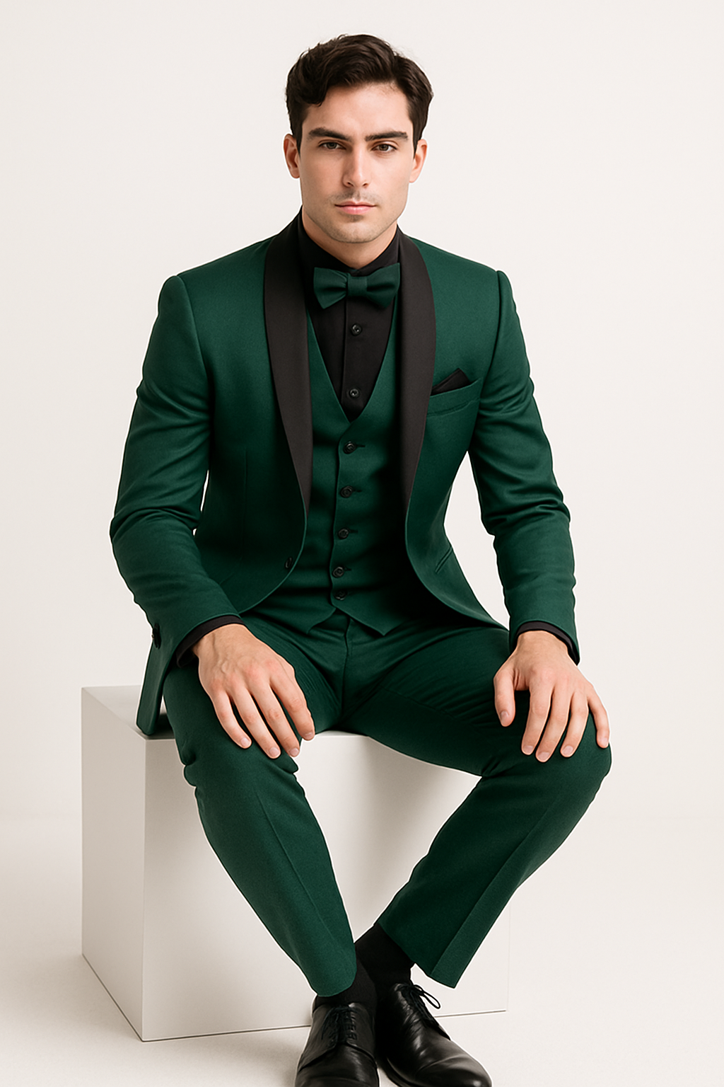 Emerald Green Suit for Men with Black Satin Lapel | Complete Wedding Outfit for Elegant Style