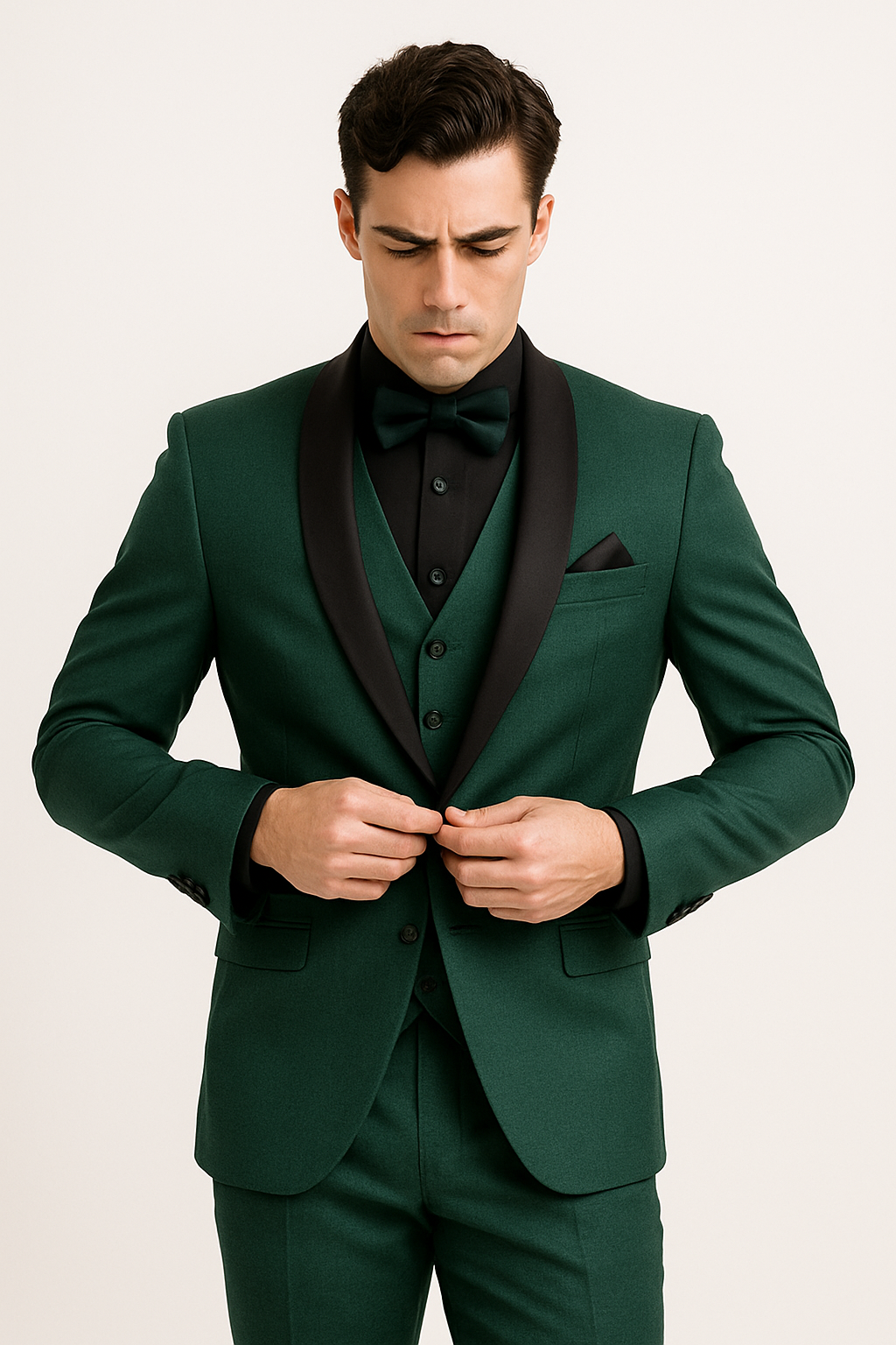 Emerald Green Suit for Men with Black Satin Lapel | Complete Wedding Outfit for Elegant Style