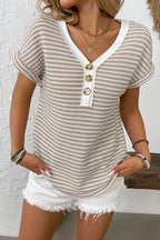 Women’s Casual V Neck Stripe Blouse Short Sleeve Lightweight Polyester Top Relaxed Fit Summer Office Everyday Wear Stylish Chic Shirt