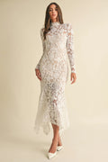Women's Formal Dress with Floral Lace & Ruffle Hem | Elegant Wedding Guest Dress in White