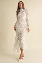 Women's Formal Dress with Floral Lace & Ruffle Hem | Elegant Wedding Guest Dress in White