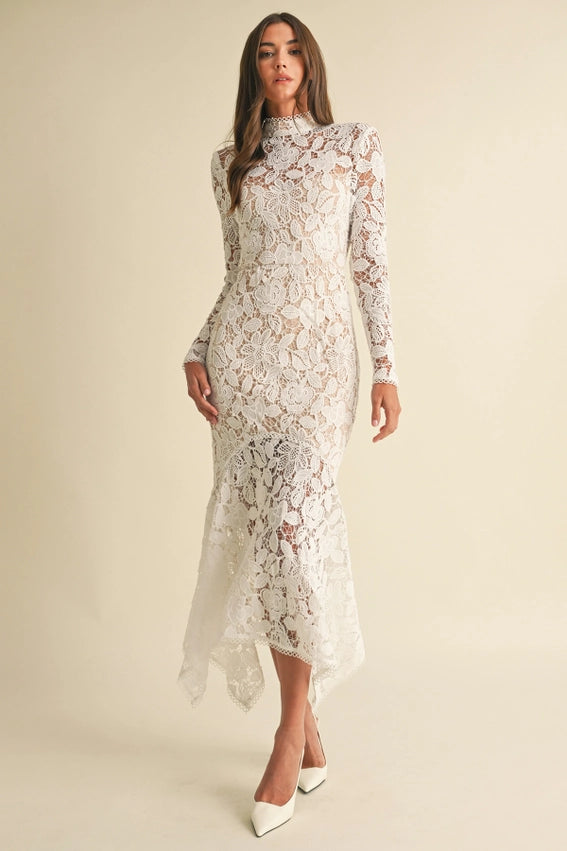 Women's Formal Dress with Floral Lace & Ruffle Hem | Elegant Wedding Guest Dress in White