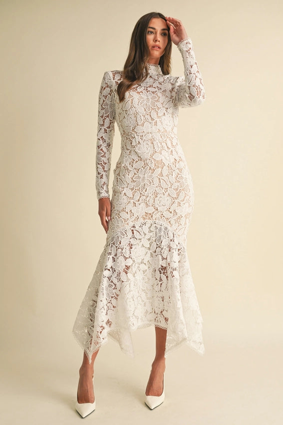 Women's Formal Dress with Floral Lace & Ruffle Hem | Elegant Wedding Guest Dress in White